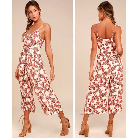 Free People Pants - Free People Hot Tropics Cream Print Midi Jumpsuit Women’s Size 6